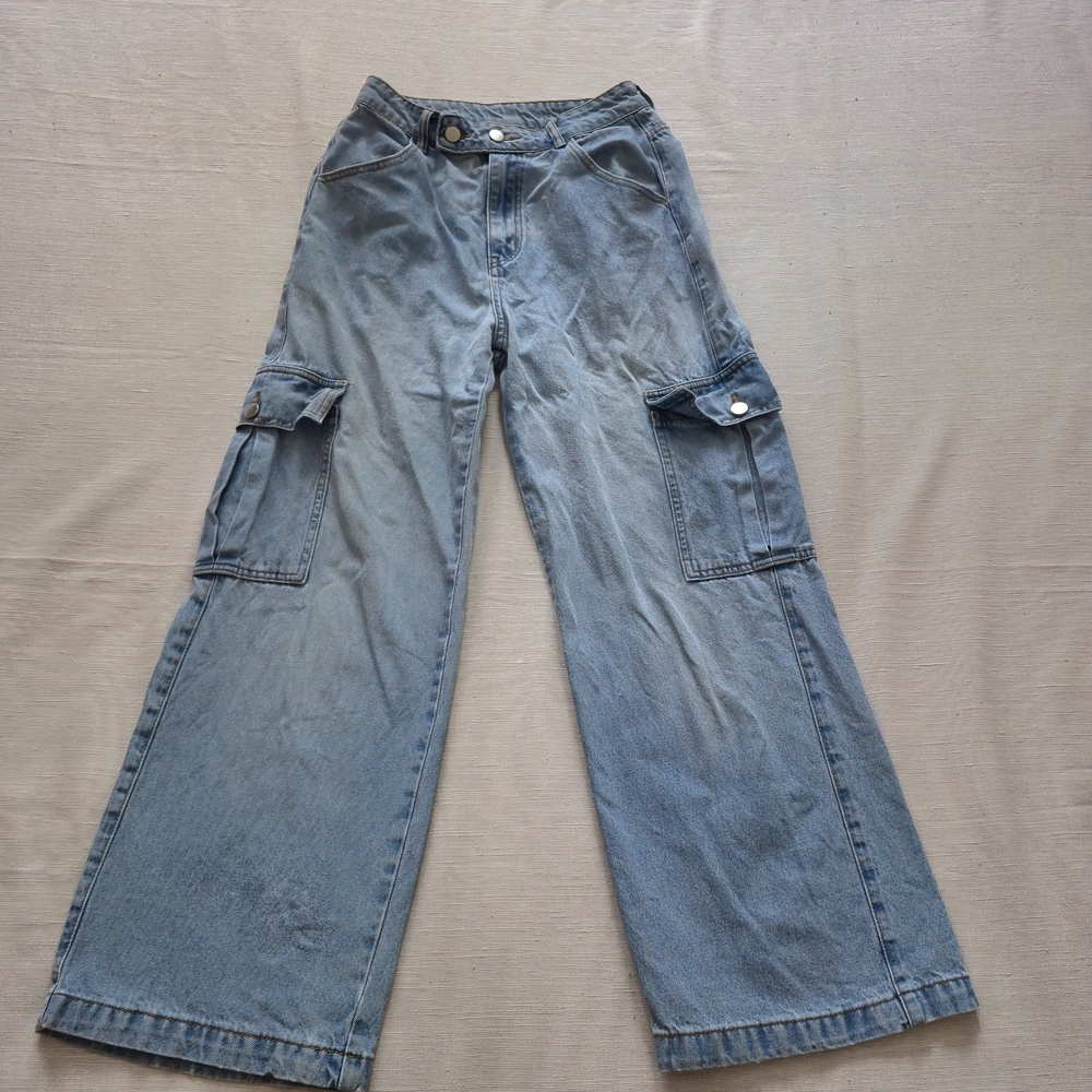 Y2K Cider Denim Cargo Jeans, Light Wash, Loose Fit Wide Leg,  Big Pocket inSz S